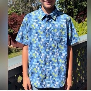 Wonder Nation Kids Boys Blue Palm Tree Short Sleeve Button Up Shirt XL 14 16